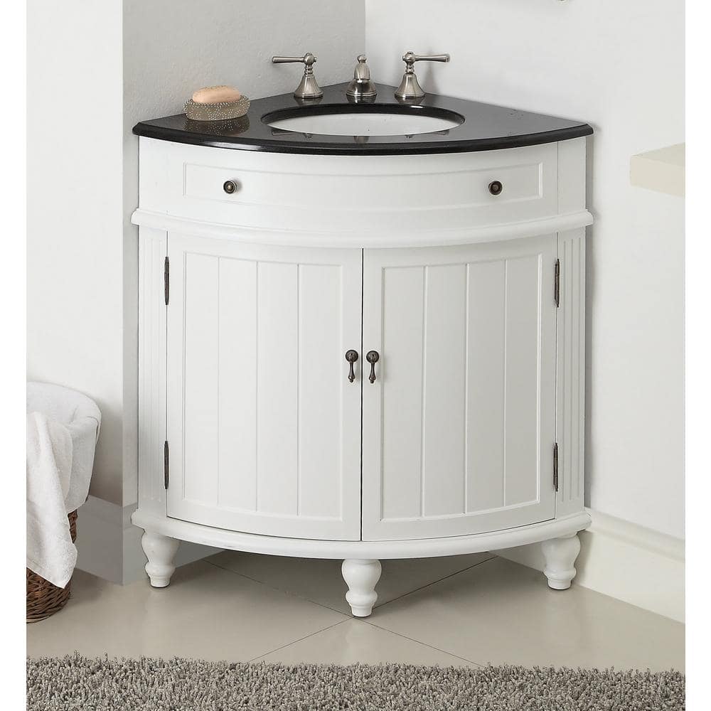 White Corner Freestanding Bathroom Vanity with Black Granite Top