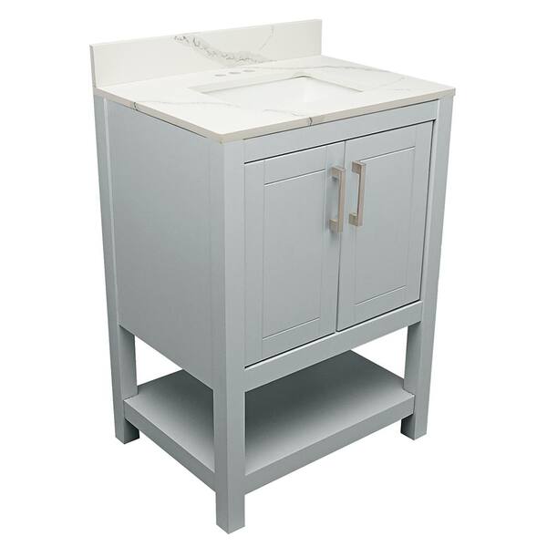 Amluxx Tufino 25 in. W x 19 in. D Bath Vanity in Grey with Quartz Stone Vanity Top in Calacatta White with White Basin