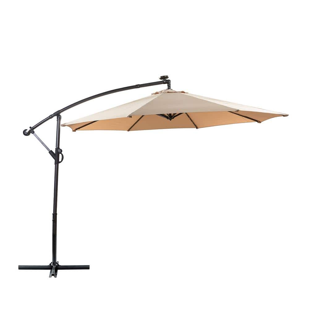 10 ft. Solar Light Cantilever Umbrella in Beige with Cross Base