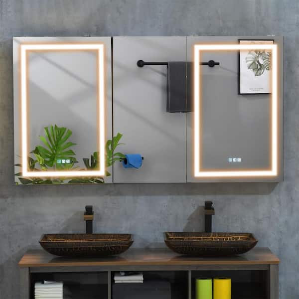 IDEAGLE 66 in. W x 36 in. H Rectangular Black Aluminum Recessed/Surfaced LED Lighted Medicine Cabinet with Mirror and Anti-Fog