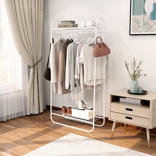 URTR White Garment Coat Rack Freestanding Hanger Double Rods 2 Tiers Metal Bedroom Clothing Rack With 4 Hanger Hooks