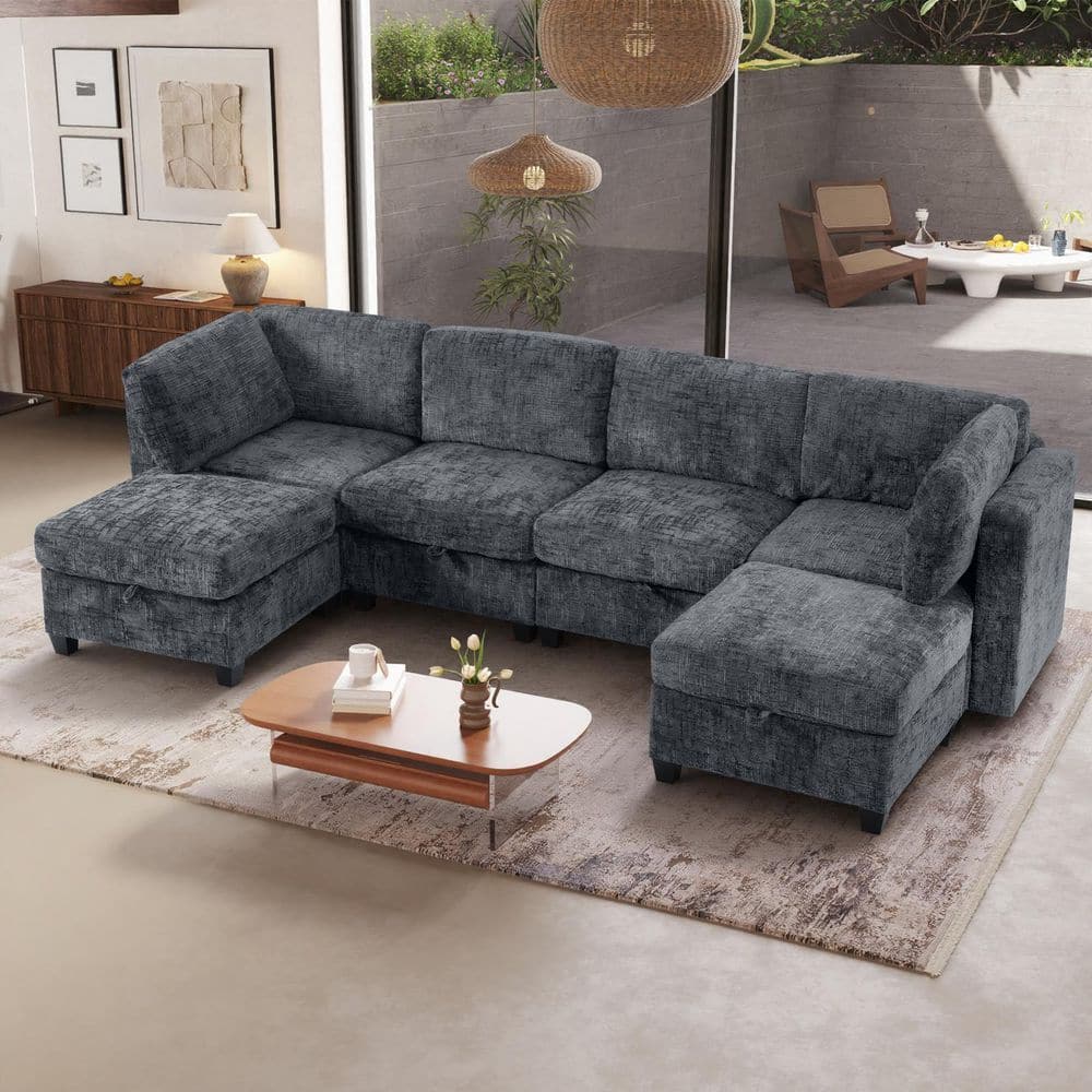 Unity 128 in. Square Arm 6-Piece Chenille Modular Convertible Sectional Sofa in. Dark Gray with Storage, 2 Ottomans