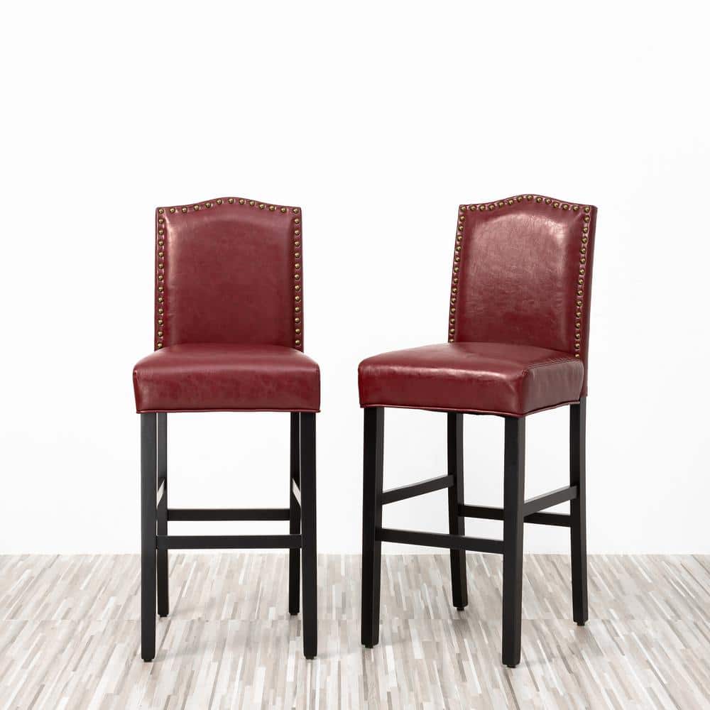 Elegant Red Leatherette Adjustable Barstool Set with Studded Detail