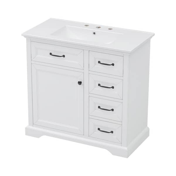 Kieranth 36 in. White Modern Bath Vanity with White Ceramic Top, Drawers, Tip-Out Drawers, Shelves, Cabinet