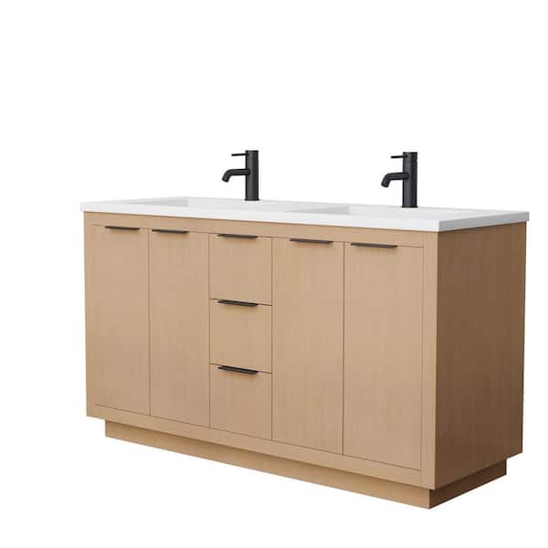 Wyndham Collection Maroni 60 in. W x 22 in D x 34.25 in. H Double Sink Bath Vanity in Light Straw with Matte White Solid Surface Top