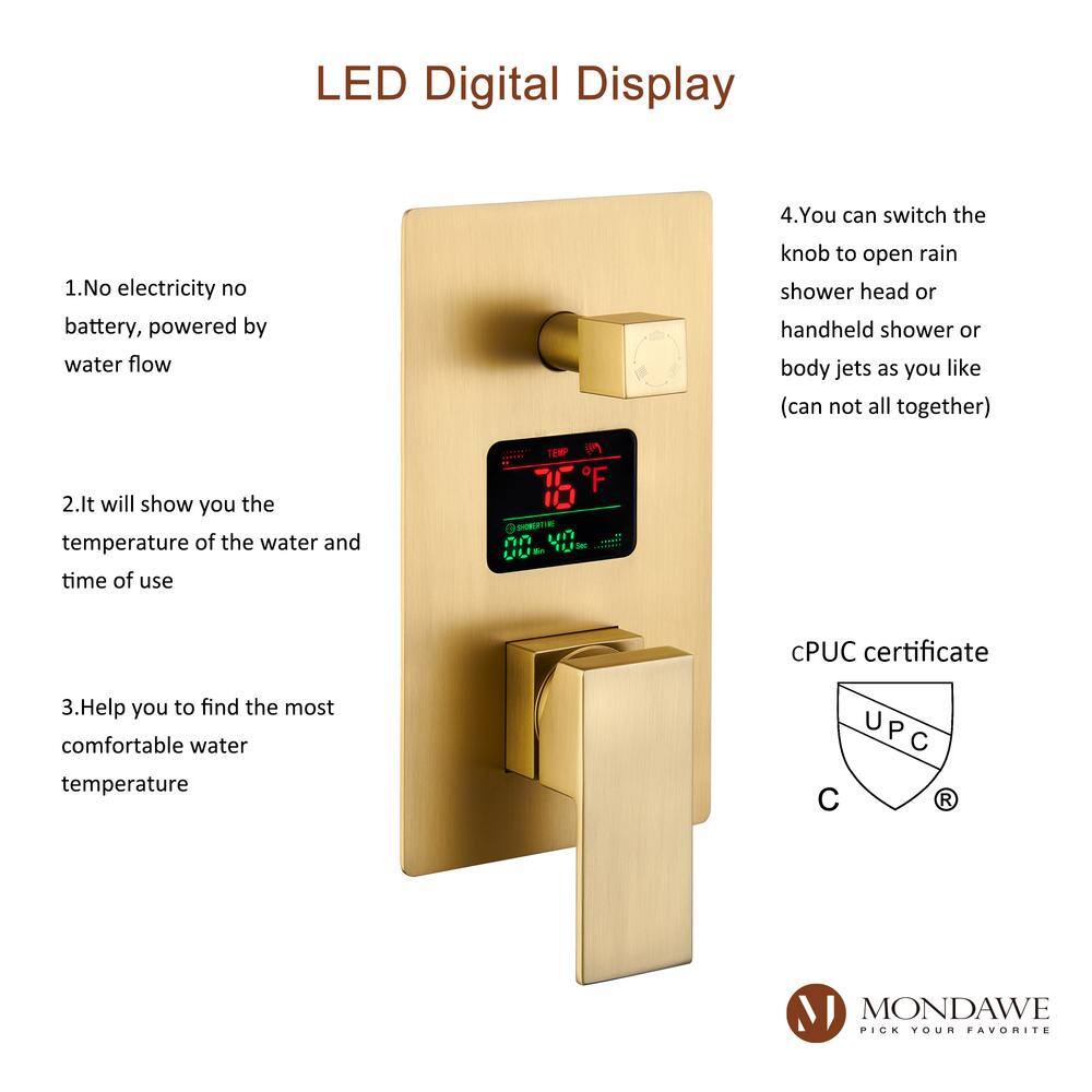 Brushed Gold Wall Mounted Dual Shower System with Digital Display