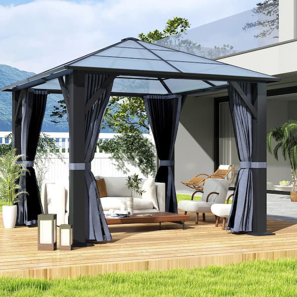 10 ft. x 10 ft. Patio Hardtop Gazebo Polycarbonate Roof Steel Frame Gazebo with Netting & Curtains
