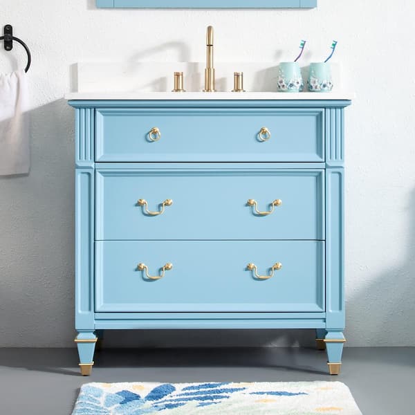 ANGELES HOME 36 in. W x 22 in. D Solid Wood Single Sink Bath Vanity in Classical Blue with Carrara White Quartz Top