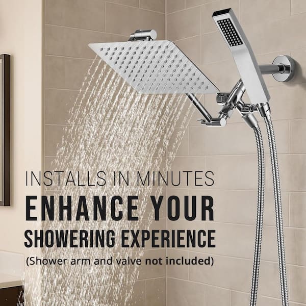 2-Piece 8 in. Square Rain Shower Head and Handheld Spray with Adjustable Arm, 3-Way Diverter and 71 in. Hose in Chrome