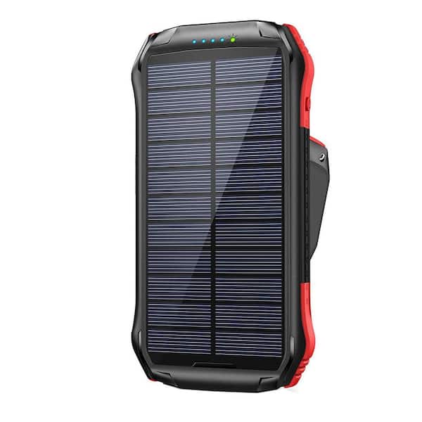 Solar Power Bank 16000mAh External Backup with 15 LED 4 Modes Flashlights Dual USB Type-C Ports IP65 Waterproof in Black