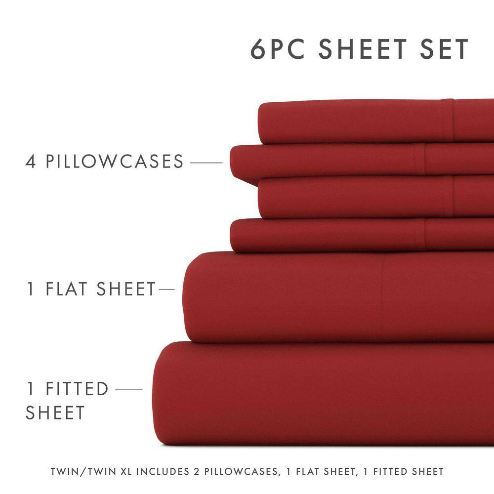 King Size Burgundy Cotton Polyester Microfiber 6-Piece Bed Sheet Set