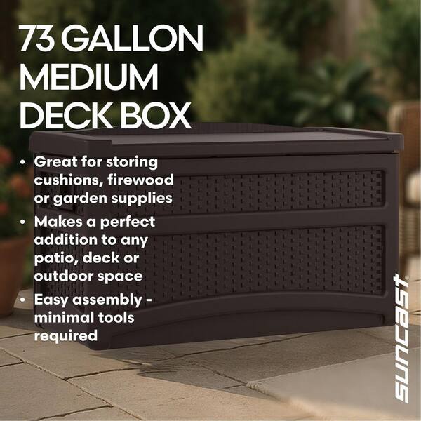 Suncast 73-Gallon Deck Box - Mocha Brown Resin Outdoor Storage With Seat Lid For Patio & Garden
