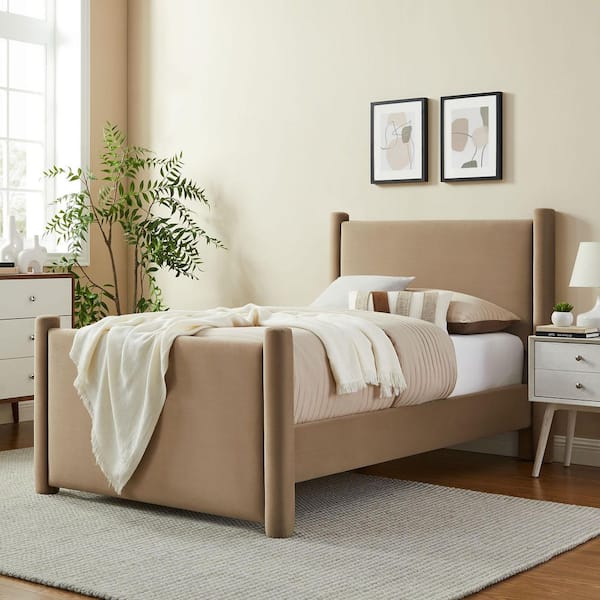 MODWAY Rael Brown Wood Frame Twin Platform Bed with Upholstered Headboard and Footboard