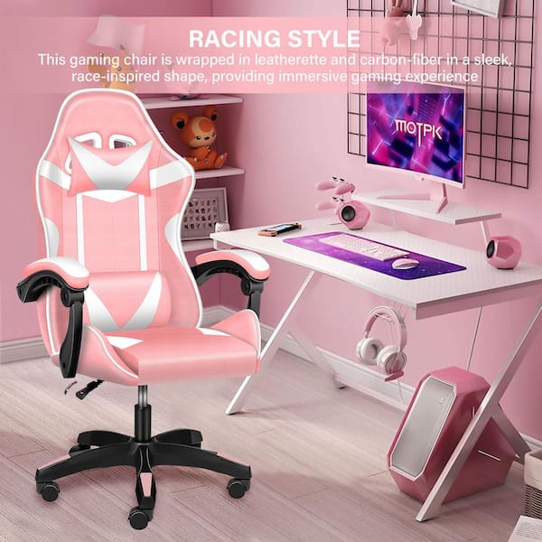 Pink White Gaming Chair Ergonomic Office Computer Chair Racing Recliner Swivel