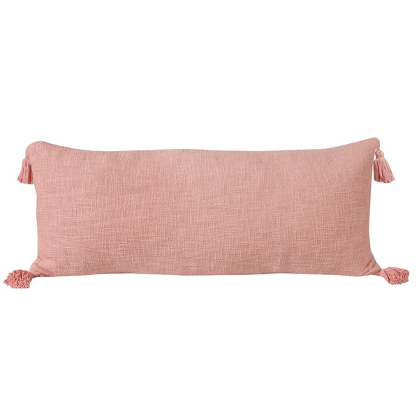LR Home Unique Pink 14 in. x 36 in. Neutral Solid Cotton Lumbar Throw Pillow with Tassels