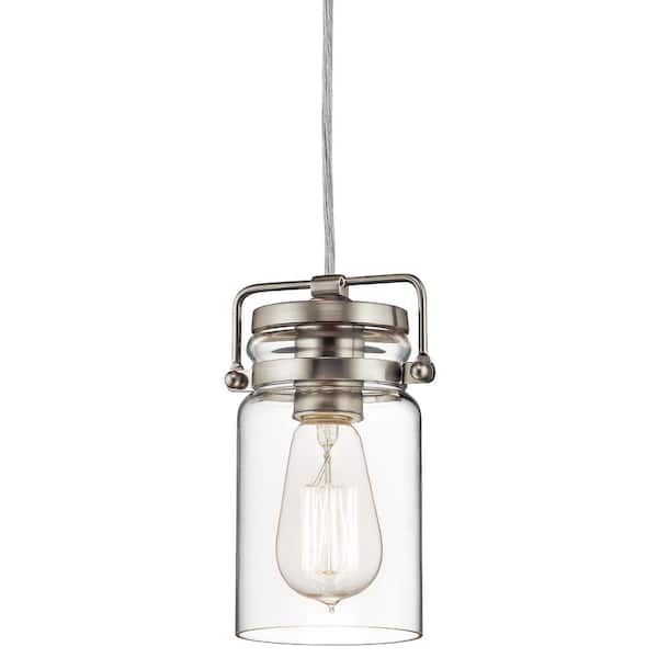 Brinley 1-Light Brushed Nickel Vintage Industrial Mason Jar Kitchen Mini Pendant Hanging Light with Clear Glass