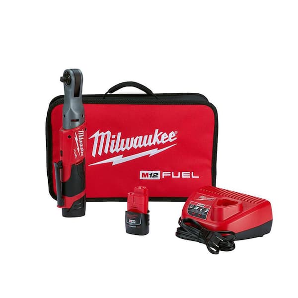 Milwaukee M12 FUEL 12V Lithium-Ion Brushless Cordless 3/8 in. Ratchet Kit with (2) 2.0Ah Batteries, Charger & Tool Bag