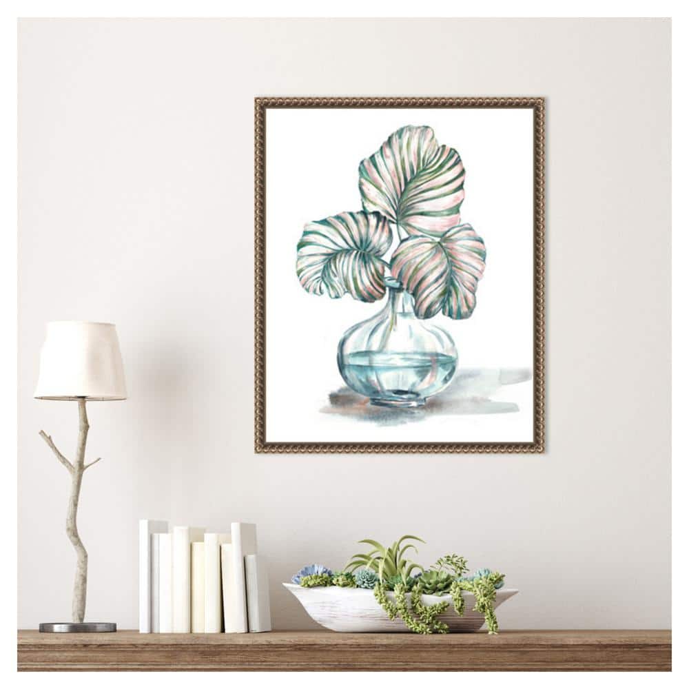 Contemporary Green and Pink Leaf Print on Canvas with Bronze Frame