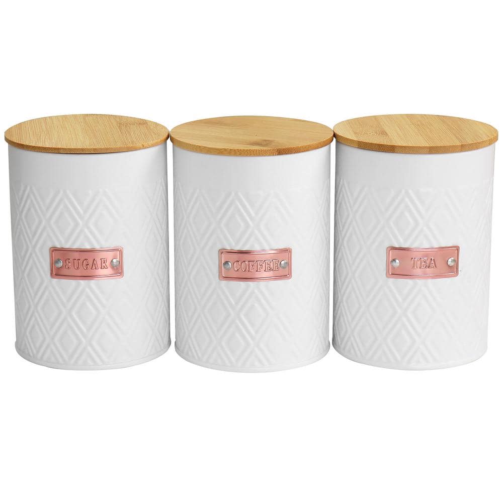 White Diamond Pattern Iron Canister Set with Bamboo Lids