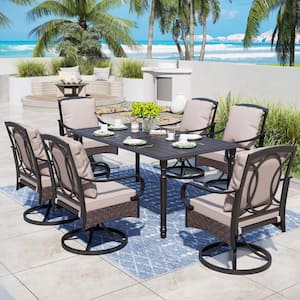 7-Piece Metal Outdoor Dining Set with Rectangular Table and Swivel Chairs with Beige Cushions