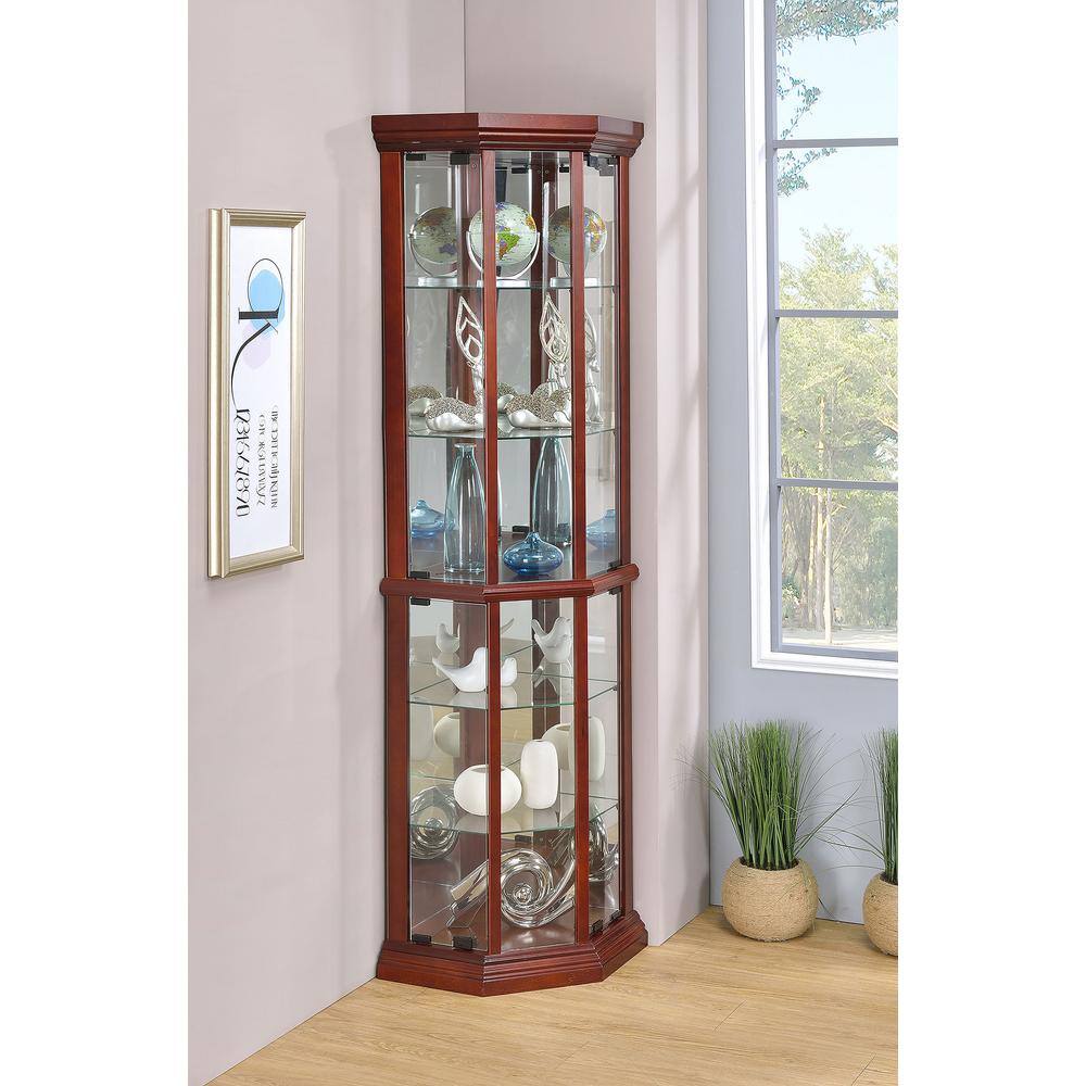 Medium Brown Lighted Corner Curio Cabinet with Glass Shelves