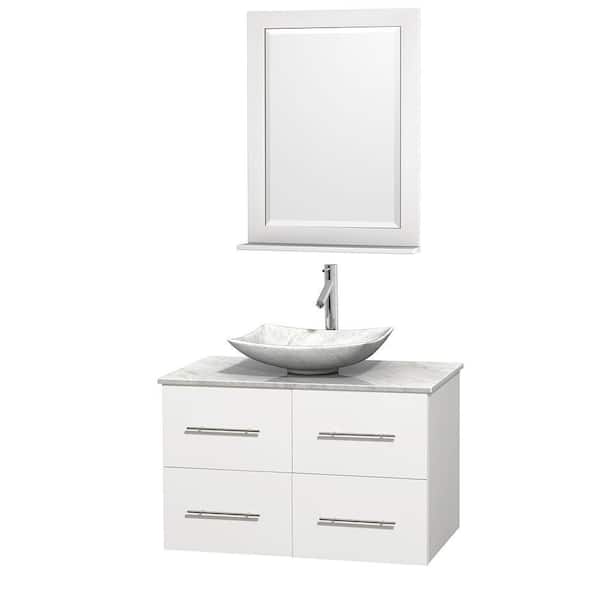 Wyndham Collection Centra 36 in. Vanity in White with Marble Vanity Top in Carrara White, Marble Sink and 24 in. Mirror