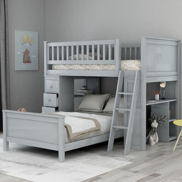 Harper & Bright Designs Grey Classic Twin Over Twin Bed with Drawers and Shelves