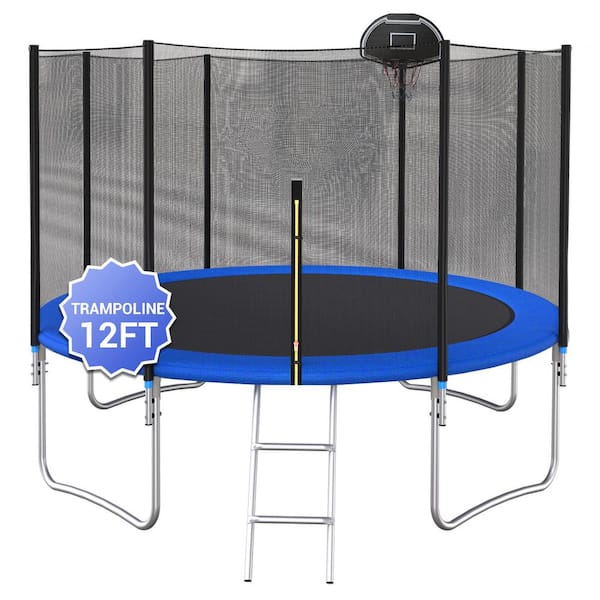 SUNRINX 12 ft. Blue Round Trampoline with Safety Enclosure Net and Basketball Hoop