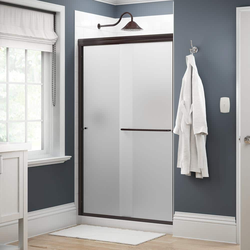 Traditional 48 in. x 70 in. Semi-Frameless Sliding Shower Door in Bronze with 1/4 in. Tempered Frosted Glass -  Delta, 2422372