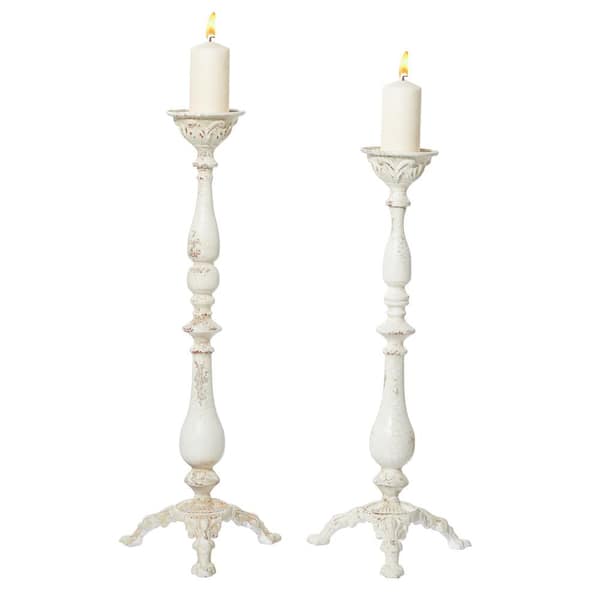 33 in. x 12 in. x 12 in. x 30 in. Vintage White Metal Candle Holders with  Turned Columns and Tripod Bases (Set of 2)