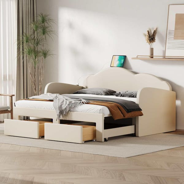 Beige Twin Size Daybed with Cloud-Shaped Backrest, Trundle & 2-Drawers and USB Ports
