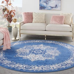 Whimsicle Navy 8 ft. x 8 ft. Center Medallion Traditional Round Area Rug