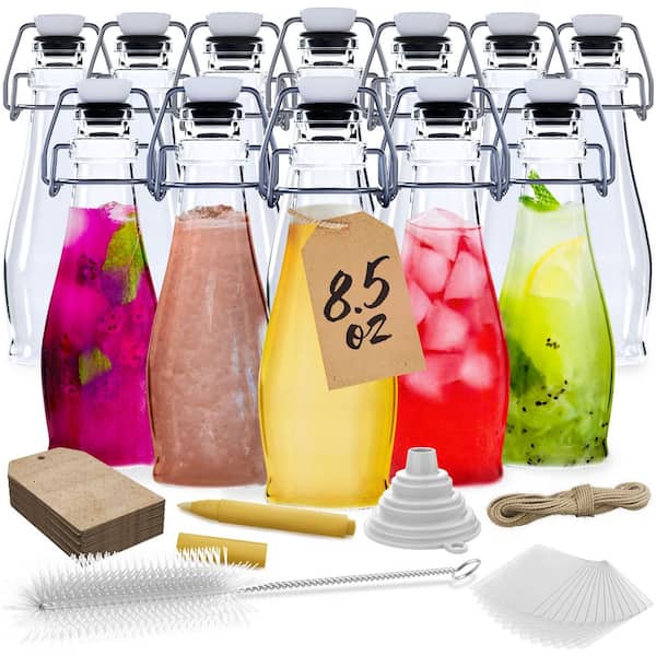 8.5 oz. Clear Glass Bottles with Swing Top Stoppers, Bottle Brush, Funnel, and Gold Glass Marker (Set of 12)