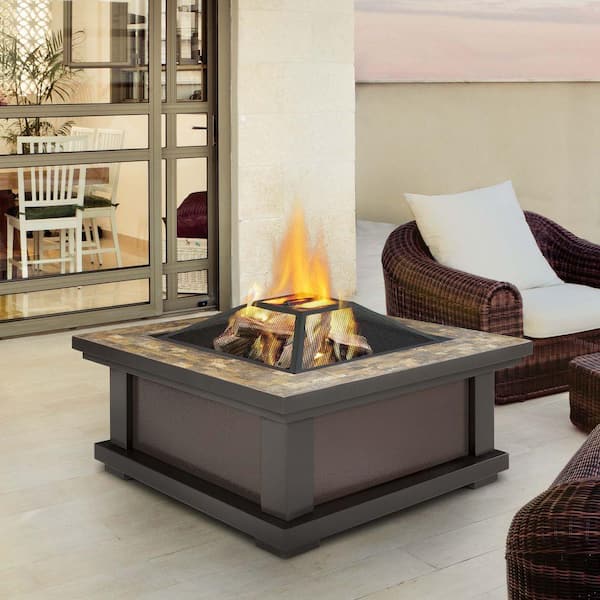 Real Flame Alderwood 34 in. Steel Framed Wood-Burning Fire Pit in Black with Slate Top
