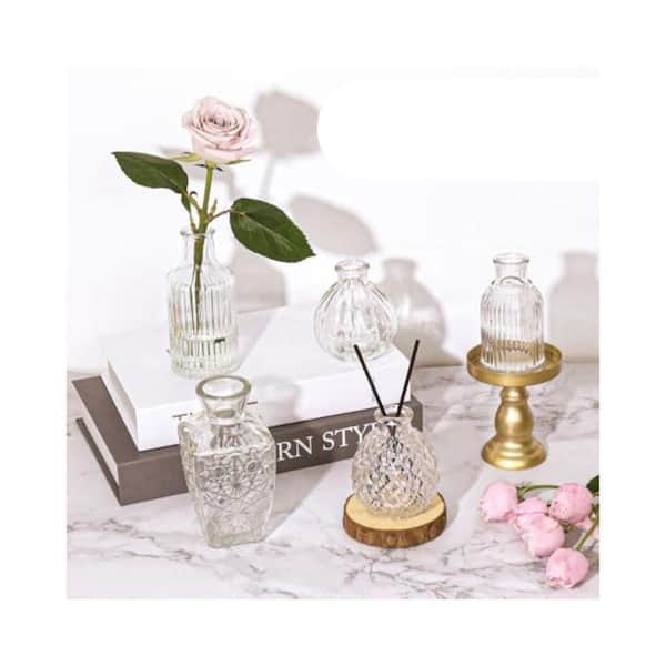 Vintage Multi Shape Clear Glass Bud Decorative Vase Set 8in LX0589