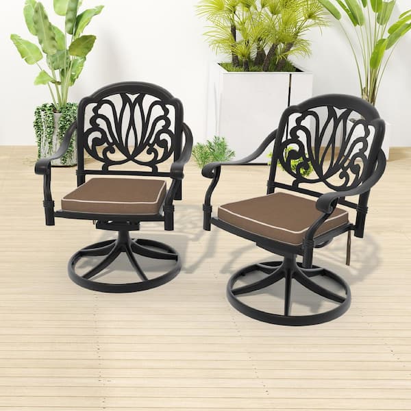 Black Cast Aluminum Swivel Rocker Outdoor Patio Dining Chairs with Brown Cushions(2-Pack)