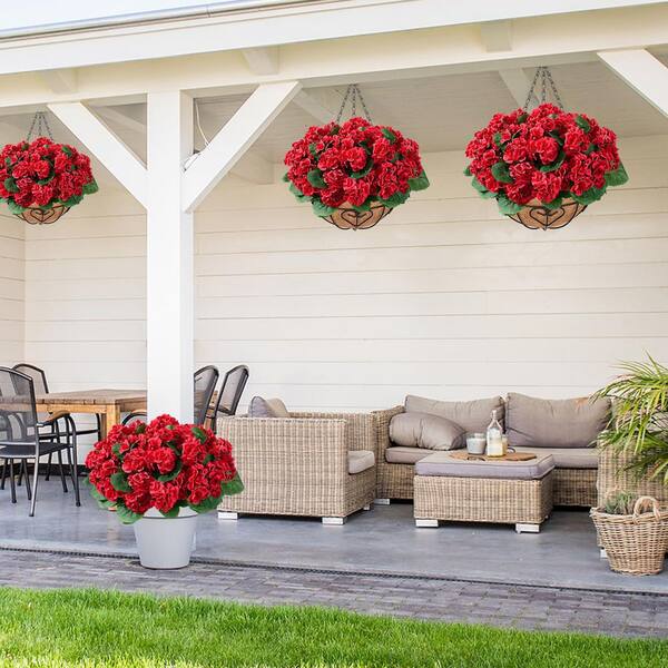 Unbranded 20.5 in. Red Indoor/Outdoor Hanging Artificial Geranium Flowers  in Basket (2 Set) TG-D8AF16-R