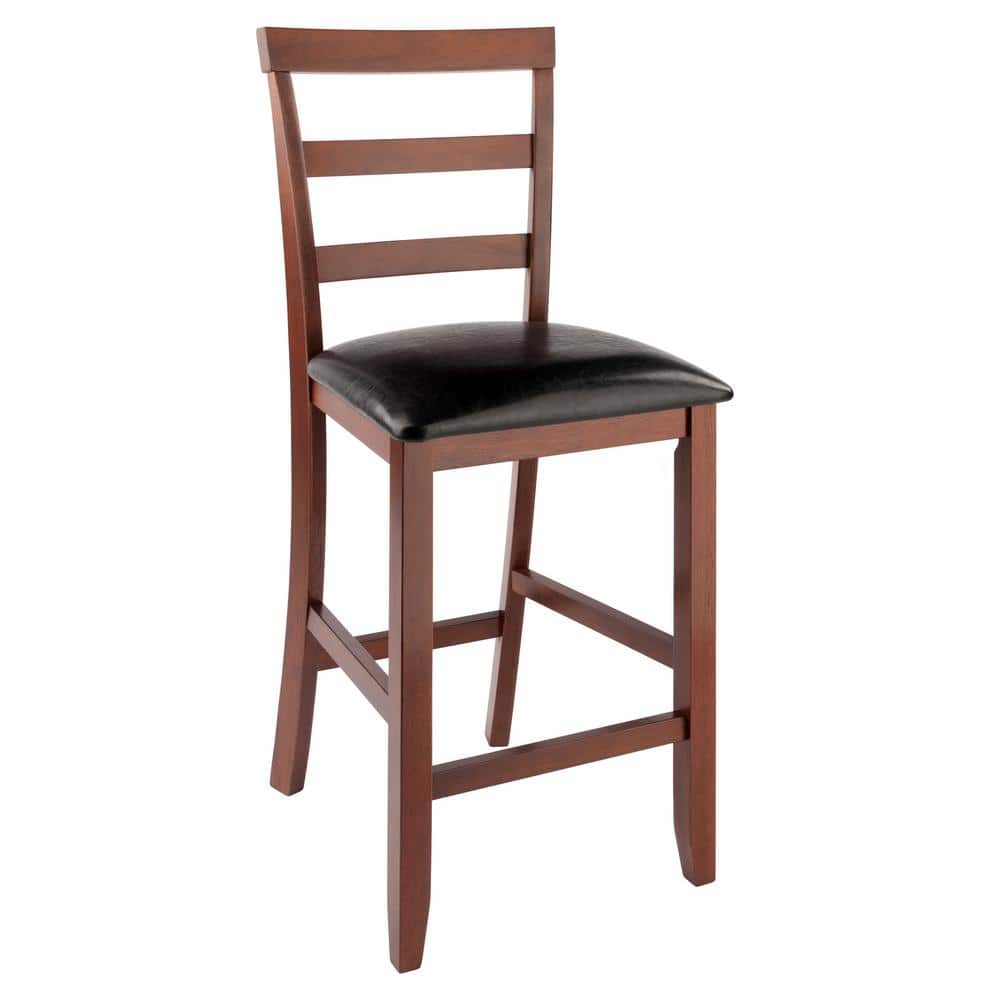 Walnut Wood & Black Leather Transitional Counter Stools, Set of 2