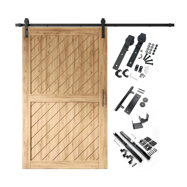 XT1 50 in. x 80 in. C-Panel Unfinished Slanted Stripe Design Solid Pine Wood Sliding Barn Door with Hardware Kit