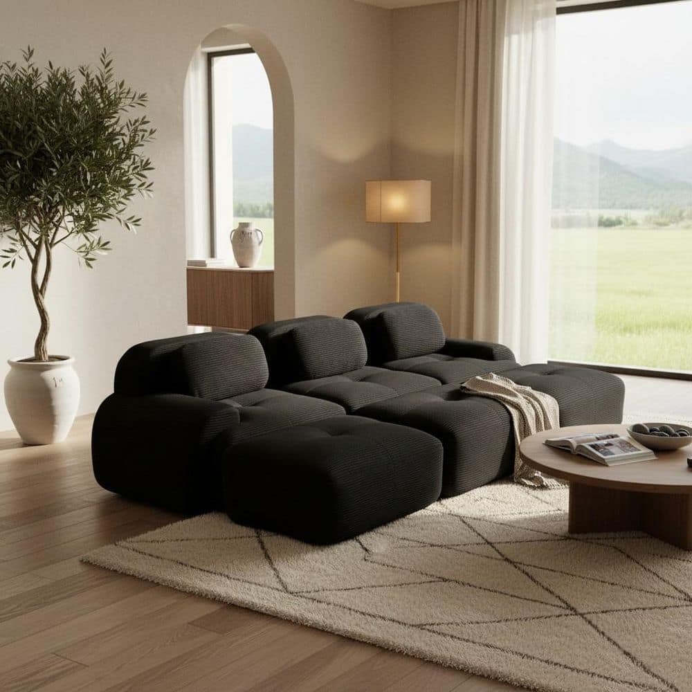 SMZO 117 in. Rolled Arm 5-Piece Corduroy Modular Sectional Sofa, No-Assembly, with Ottoman in. Midnight Black