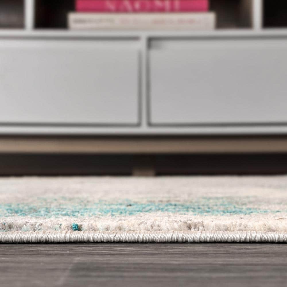 Cream and Blue Abstract Flat Woven Synthetic Area Rug