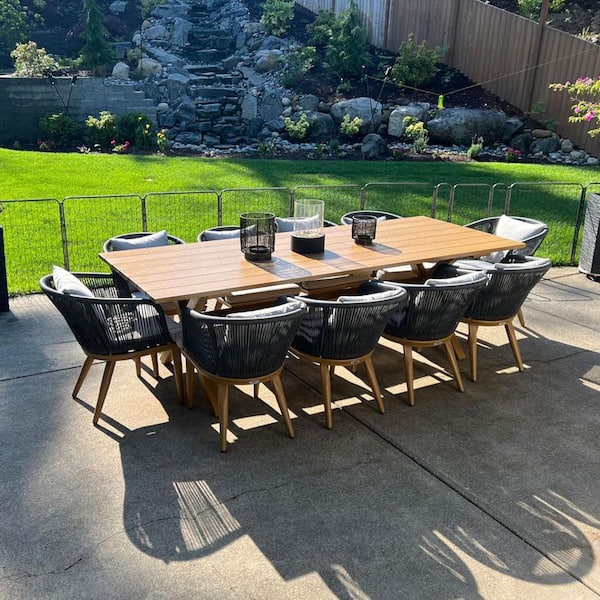 Teak-Finish 11-Piece Wicker Square Aluminum Frame Outdoor Dining Set and Pillows with Beige Cushions