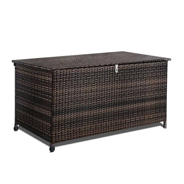120 Gal. Outdoor Brown Wicker Storage Deck Box Waterproof, Resin Rattan for Patio Garden Furniture Outdoor