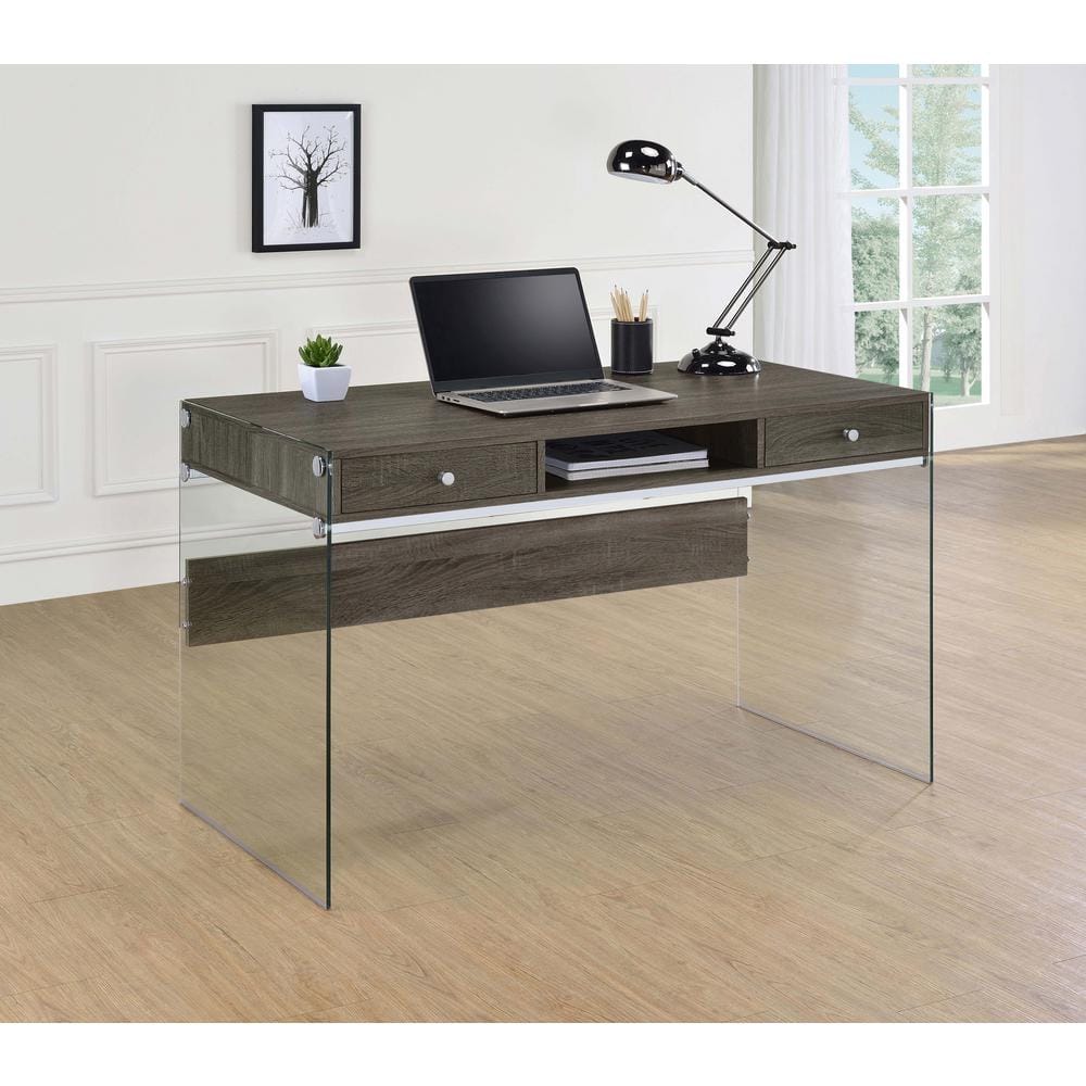 Weathered Gray 2-Drawer Writing Desk with Glass Sides