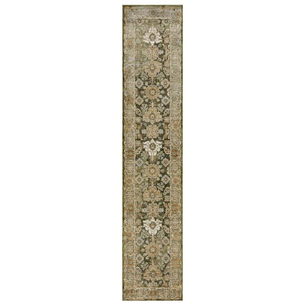 2 ft. x 12 ft. Green, Gold Oriental Washable Area Rug