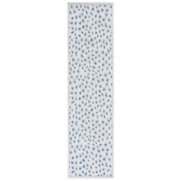 Courtyard Ivory/Blue 2 ft. x 8 ft. Geometric Cheetah Indoor/Outdoor Runner Rug