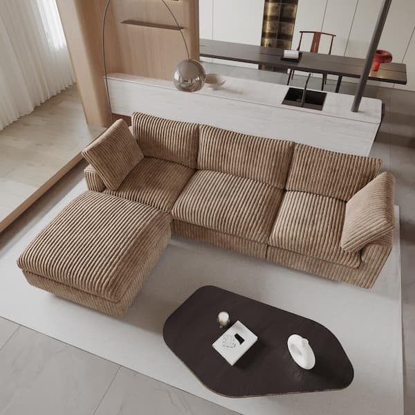 J&E Home 118.1 in. W Square Arm Faux Rabbit Plush Fabric L Shaped Sofa in. Brown with Ottoman