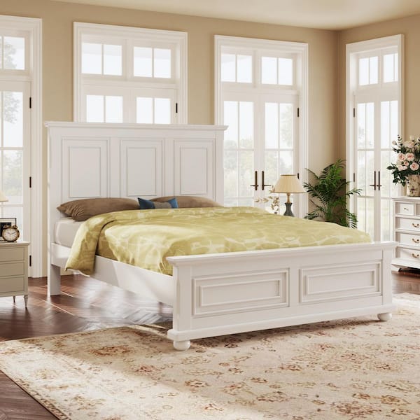 Keith Vintage White Wood Frame King Size Platform Bed with High Decorative Headboard and Footboard