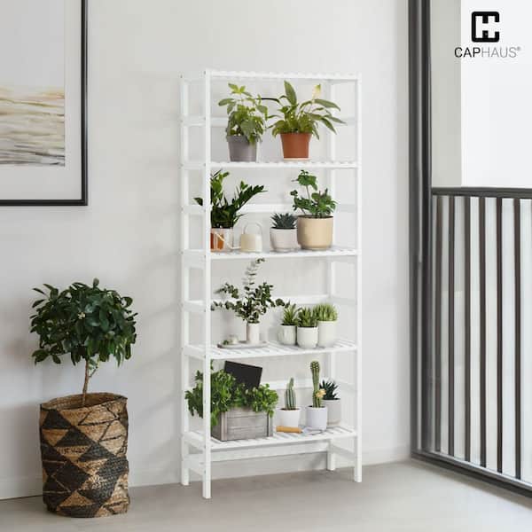 CAPHAUS 57.6 in. Tall White Bamboo 5-Shelf Free Standing Bookcase