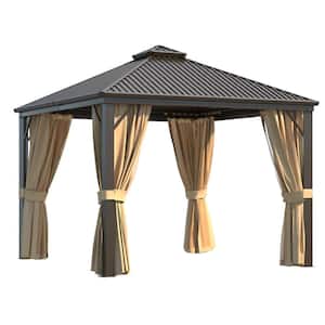 10 ft. x 10 ft. Outdoor Hardtop Gazebo, Aluminum Frame Double Roof Gazebo with Curtain and Netting